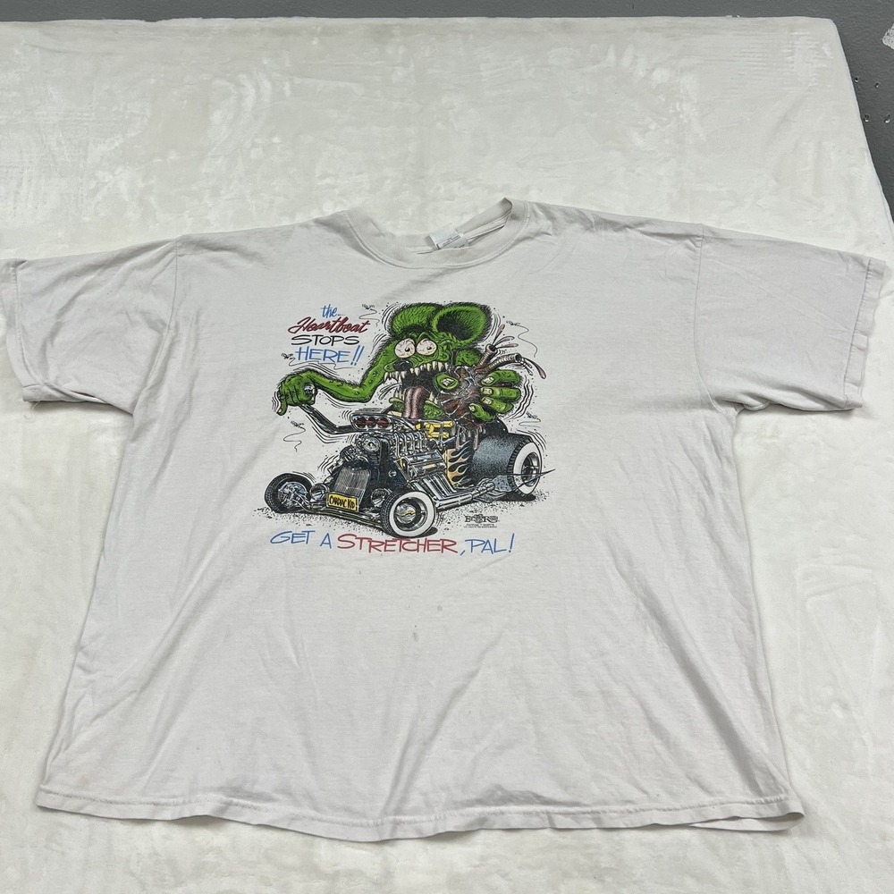 Gildan Graphic Tee Mens 2XL White Ed Roth Rat Fink Hot Rod Monster Shirt